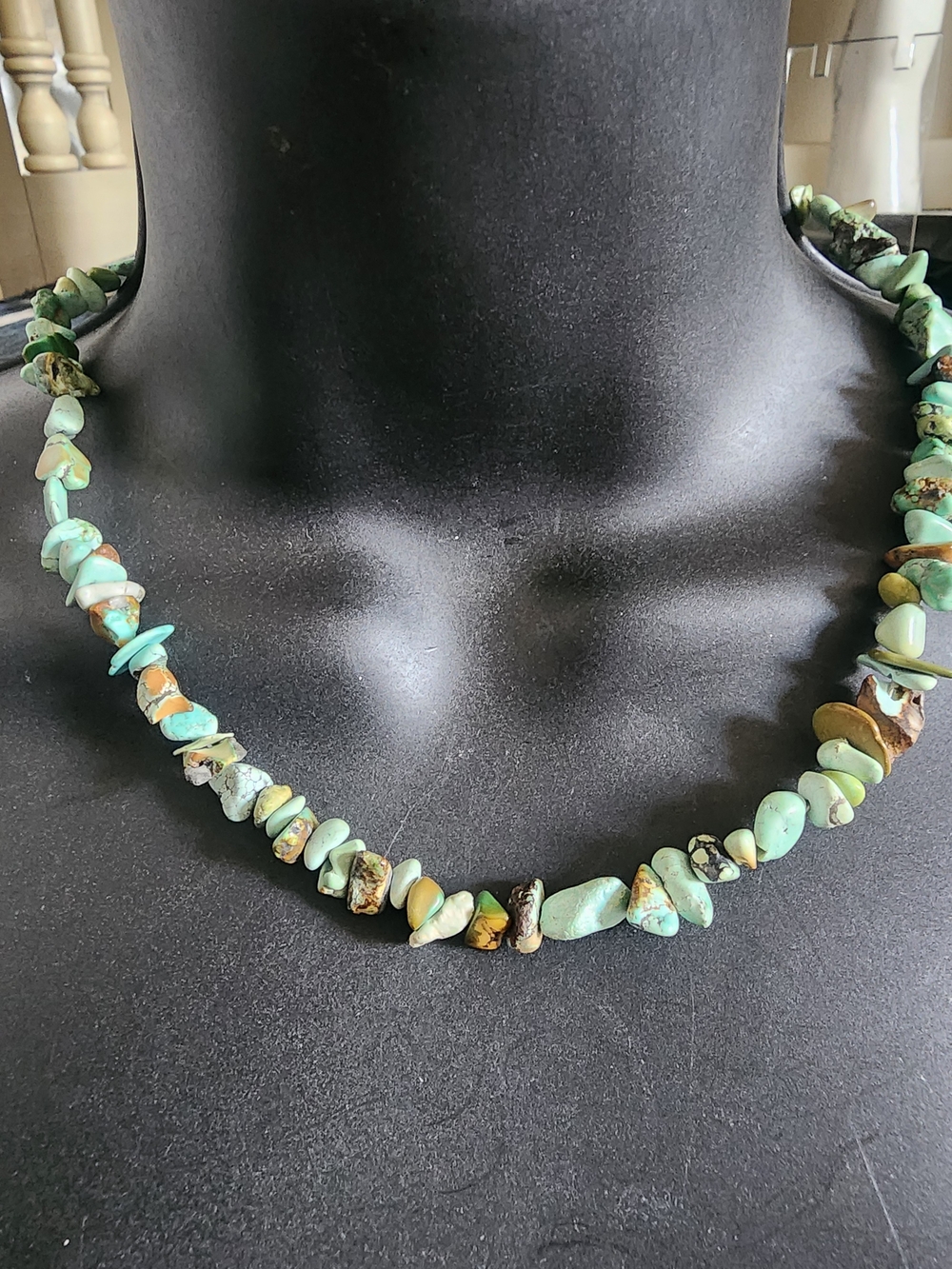 Turquoise Chip Bead Necklace - Green Blue Natural Stone 17" Boho Southwest